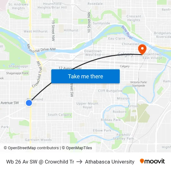 Wb 26 Av SW @ Crowchild Tr to Athabasca University map