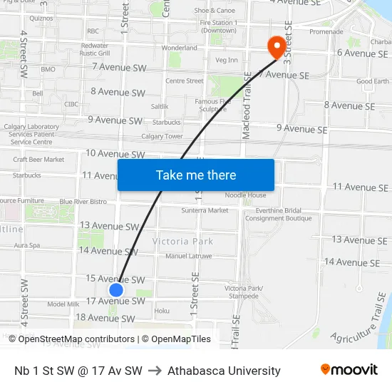 Nb 1 St SW @ 17 Av SW to Athabasca University map