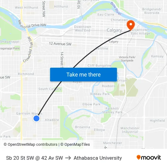 Sb 20 St SW @ 42 Av SW to Athabasca University map