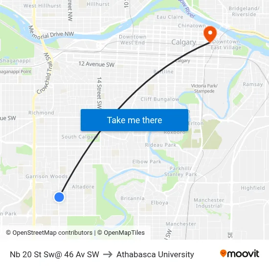 Nb 20 St Sw@ 46 Av SW to Athabasca University map