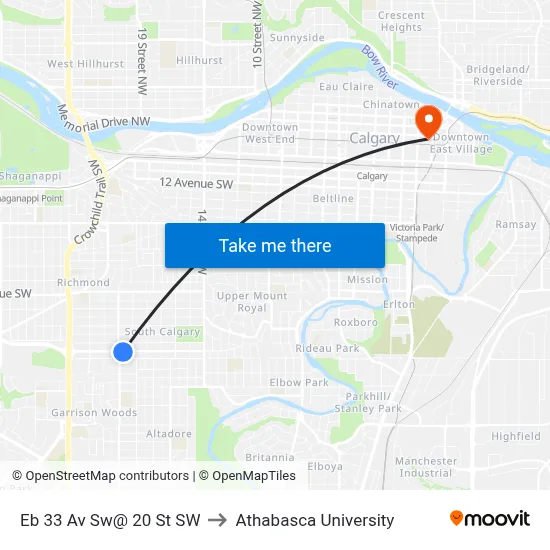 Eb 33 Av Sw@ 20 St SW to Athabasca University map