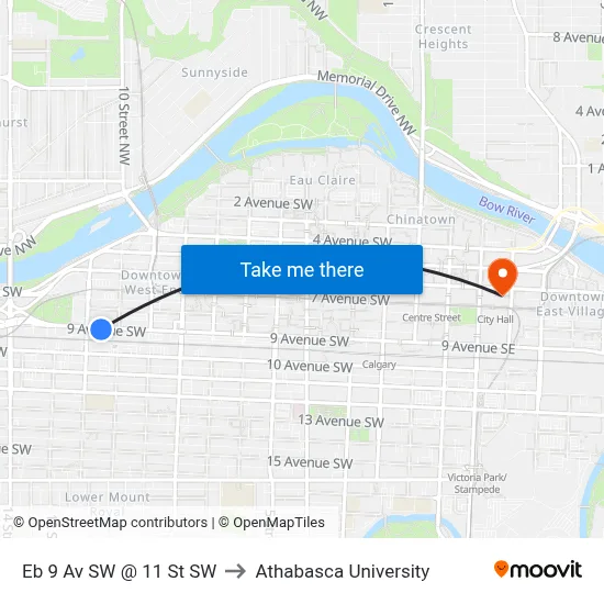 Eb 9 Av SW @ 11 St SW to Athabasca University map