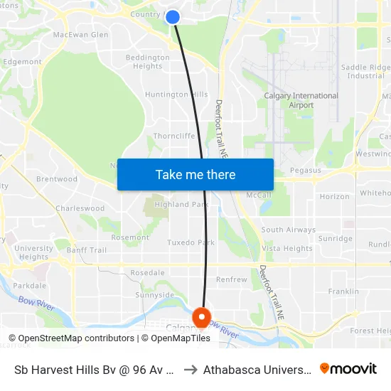 Sb Harvest Hills Bv @ 96 Av NE to Athabasca University map