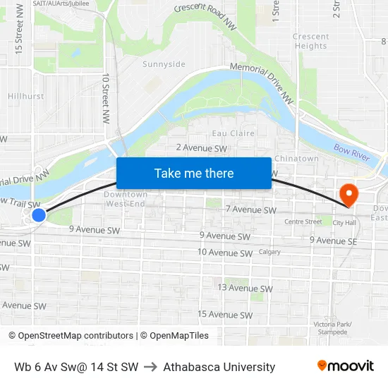Wb 6 Av Sw@ 14 St SW to Athabasca University map