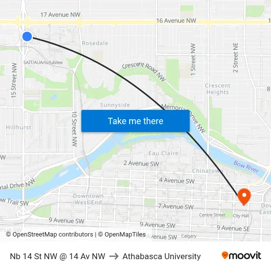 Nb 14 St NW @ 14 Av NW to Athabasca University map