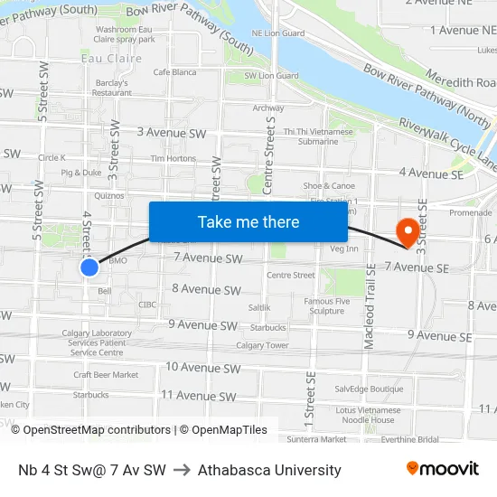 Nb 4 St Sw@ 7 Av SW to Athabasca University map
