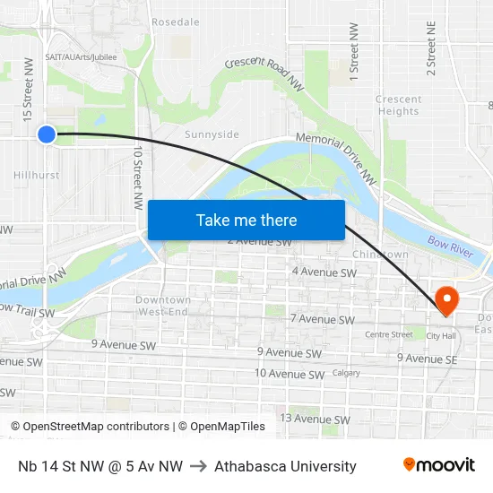 Nb 14 St NW @ 5 Av NW to Athabasca University map