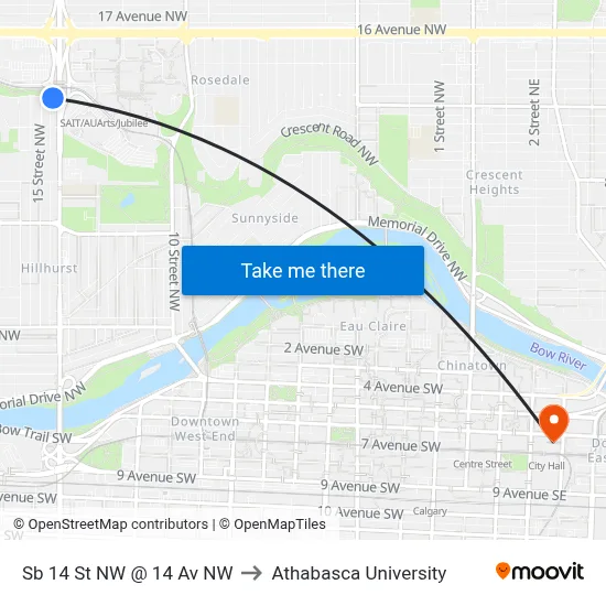 Sb 14 St NW @ 14 Av NW to Athabasca University map