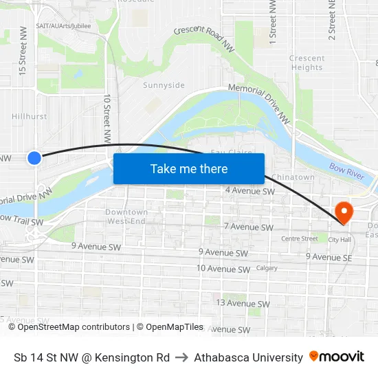 Sb 14 St NW @ Kensington Rd to Athabasca University map