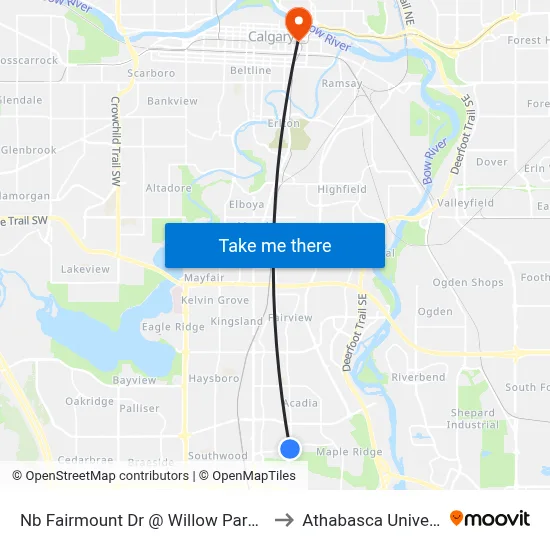Nb Fairmount Dr @ Willow Park Dr SE to Athabasca University map