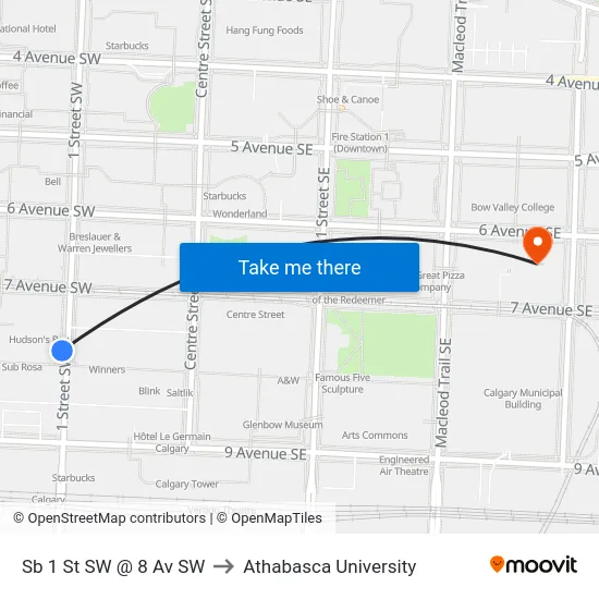 Sb 1 St SW @ 8 Av SW to Athabasca University map