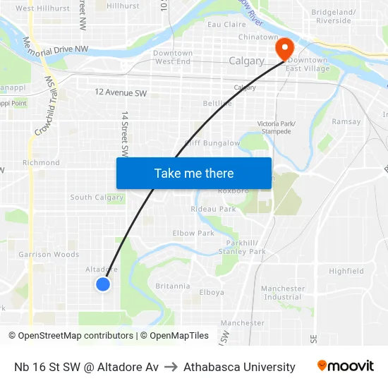 Nb 16 St SW @ Altadore Av to Athabasca University map