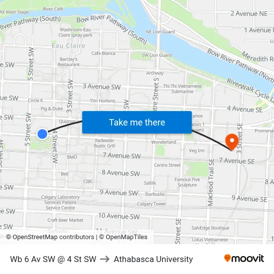 Wb 6 Av SW @ 4 St SW to Athabasca University map