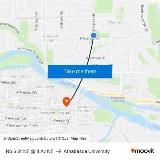 Nb 6 St NE @ 8 Av NE to Athabasca University map