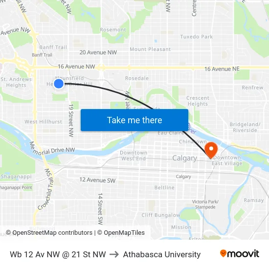Wb 12 Av NW @ 21 St NW to Athabasca University map