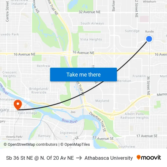 Sb 36 St NE @ N. Of 20 Av NE to Athabasca University map