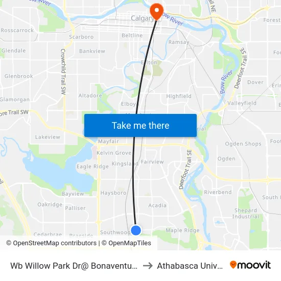 Wb Willow Park Dr@ Bonaventure Dr SE to Athabasca University map