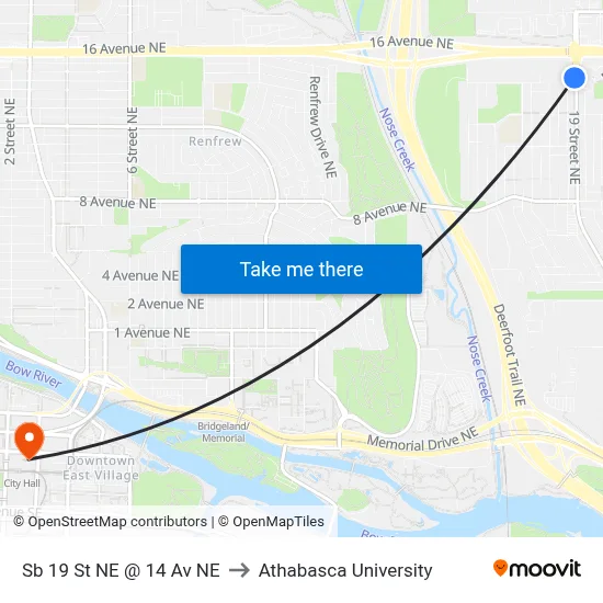 Sb 19 St NE @ 14 Av NE to Athabasca University map