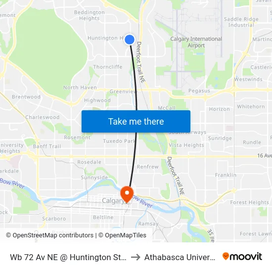 Wb 72 Av NE @ Huntington St NE to Athabasca University map