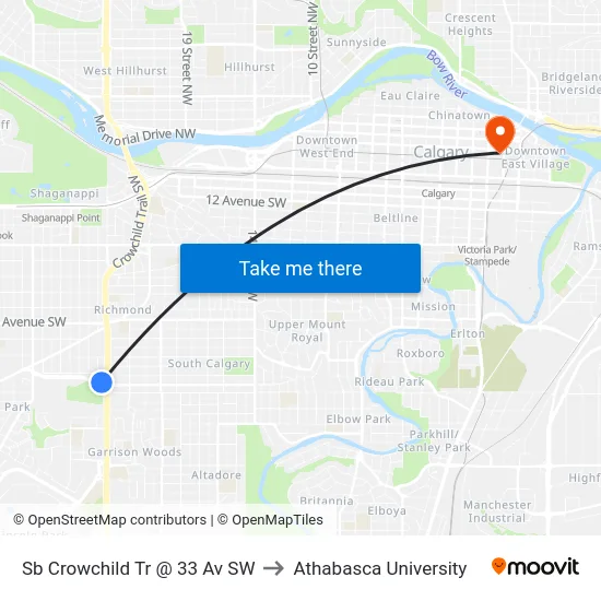 Sb Crowchild Tr @ 33 Av SW to Athabasca University map