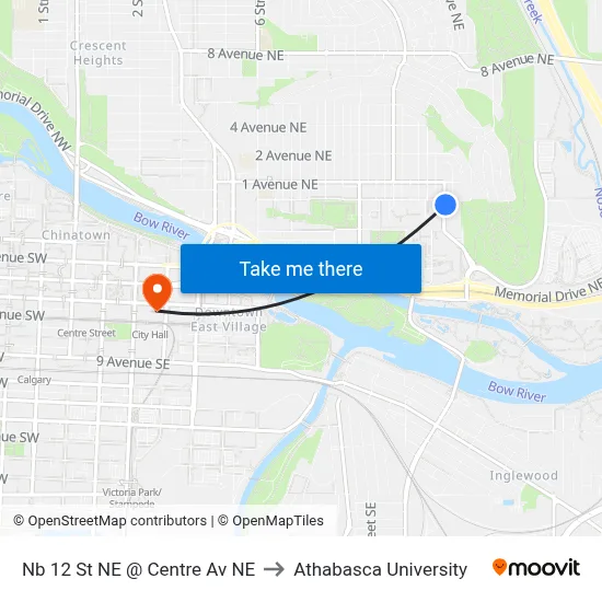 Nb 12 St NE @ Centre Av NE to Athabasca University map