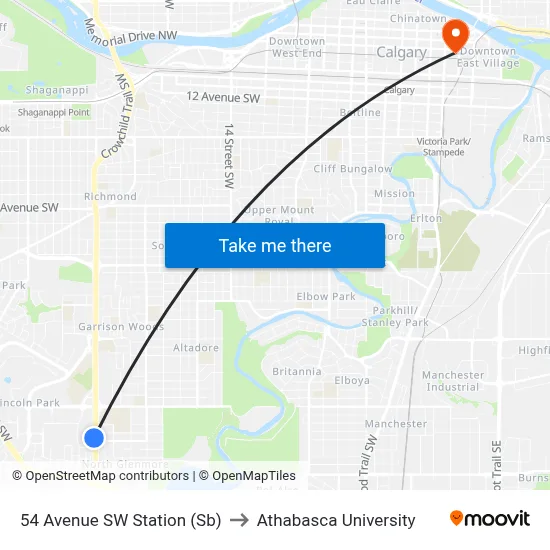 54 Avenue SW Station (Sb) to Athabasca University map