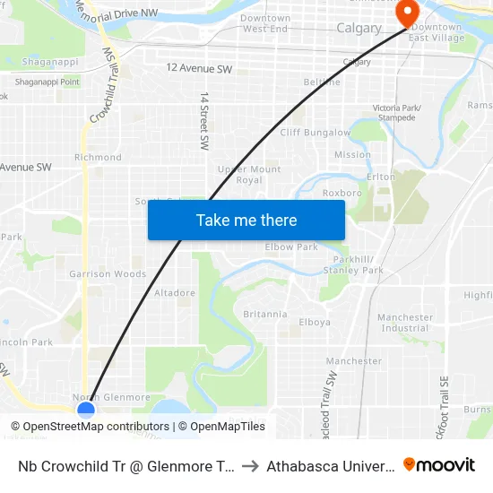 Nb Crowchild Tr @ Glenmore Tr SW to Athabasca University map