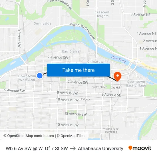 Wb 6 Av SW @ W. Of 7 St SW to Athabasca University map
