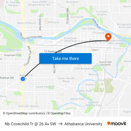 Nb Crowchild Tr @ 26 Av SW to Athabasca University map