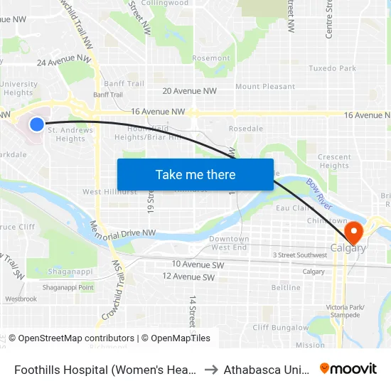 Foothills Hospital (Women's Health Centre) to Athabasca University map