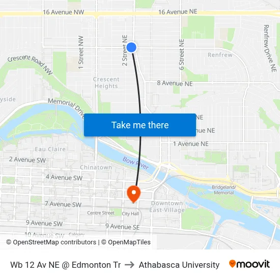 Wb 12 Av NE @ Edmonton Tr to Athabasca University map