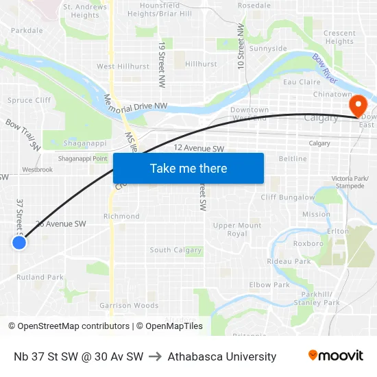 Nb 37 St SW @ 30 Av SW to Athabasca University map