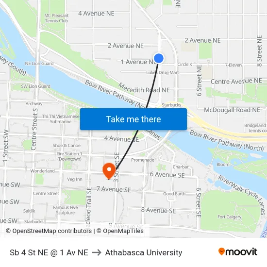 Sb 4 St NE @ 1 Av NE to Athabasca University map