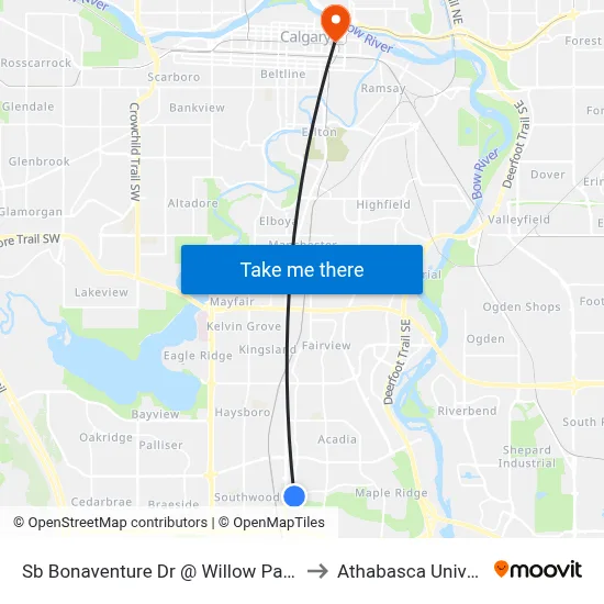Sb Bonaventure Dr @ Willow Park Dr SE to Athabasca University map