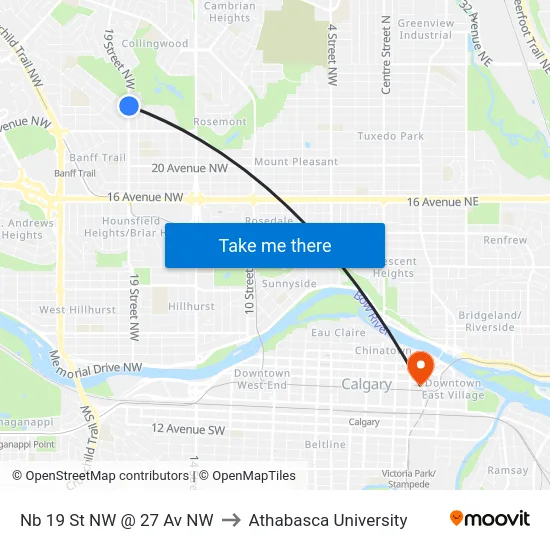 Nb 19 St NW @ 27 Av NW to Athabasca University map