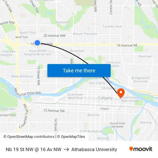 Nb 19 St NW @ 16 Av NW to Athabasca University map