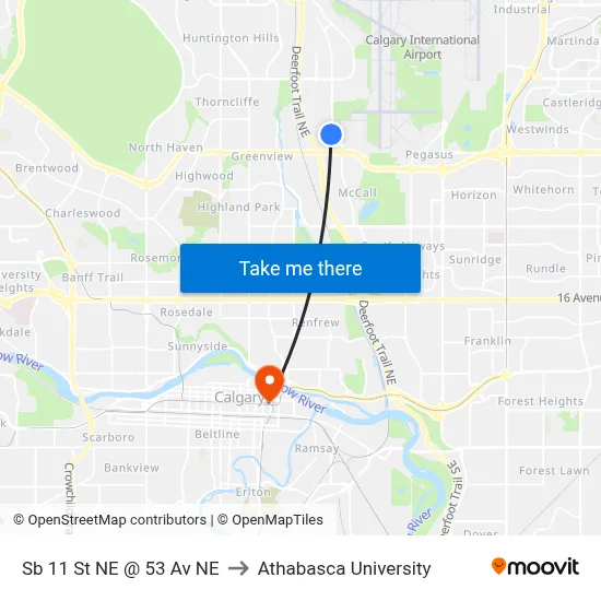 Sb 11 St NE @ 53 Av NE to Athabasca University map