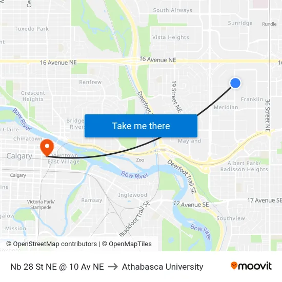 Nb 28 St NE @ 10 Av NE to Athabasca University map