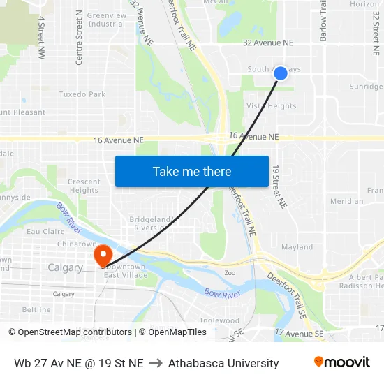 Wb 27 Av NE @ 19 St NE to Athabasca University map