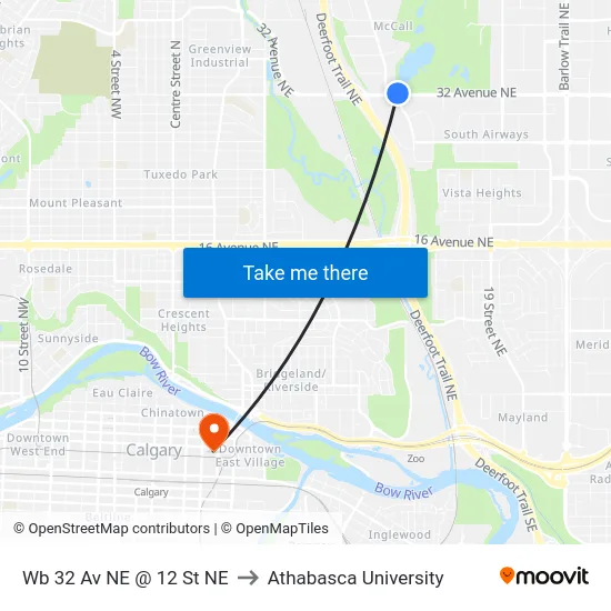 Wb 32 Av NE @ 12 St NE to Athabasca University map