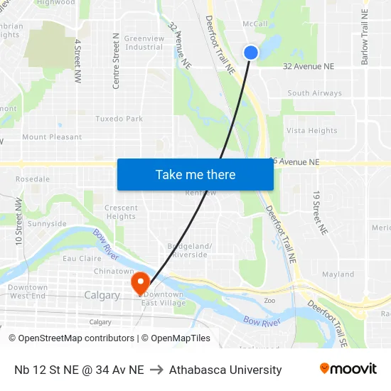 Nb 12 St NE @ 34 Av NE to Athabasca University map