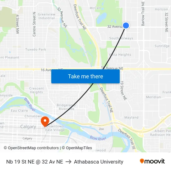 Nb 19 St NE @ 32 Av NE to Athabasca University map