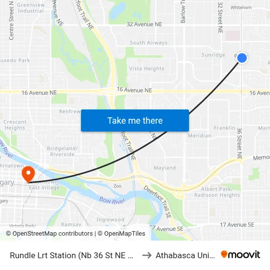 Rundle Lrt Station (Nb 36 St NE @ 25 Av Ne) to Athabasca University map