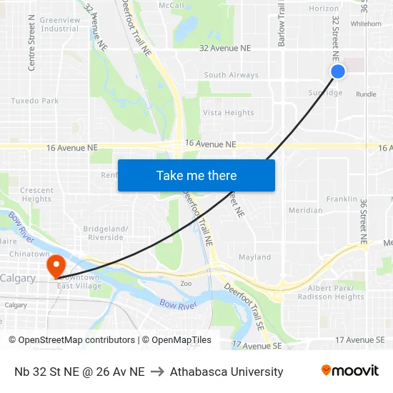 Nb 32 St NE @ 26 Av NE to Athabasca University map