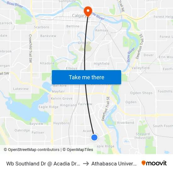 Wb Southland Dr @ Acadia Dr SE to Athabasca University map