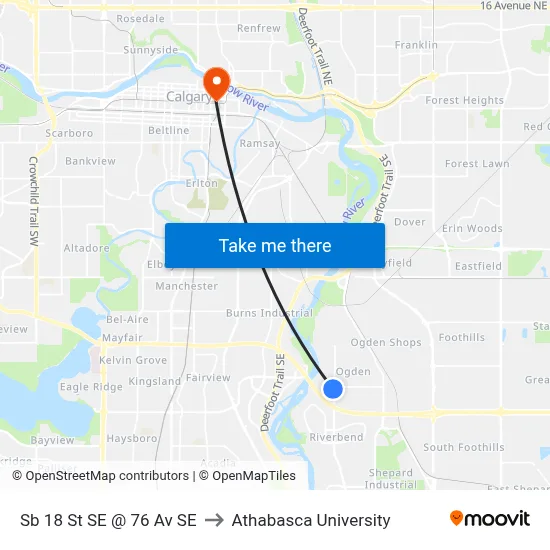 Sb 18 St SE @ 76 Av SE to Athabasca University map