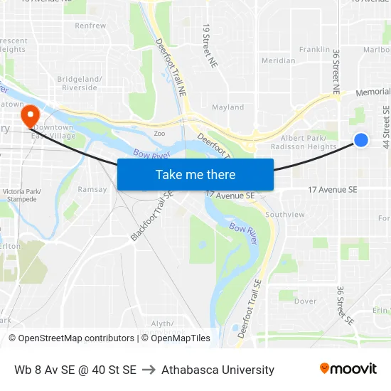 Wb 8 Av SE @ 40 St SE to Athabasca University map
