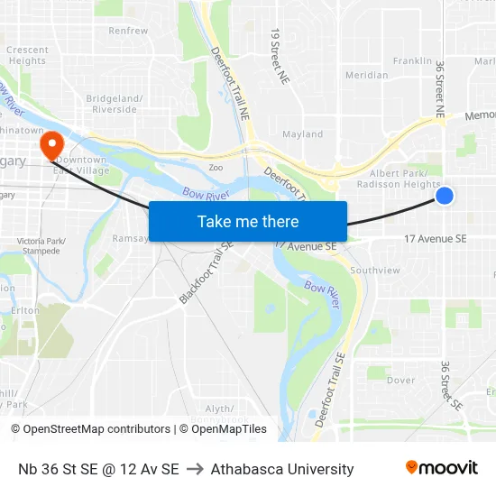 Nb 36 St SE @ 12 Av SE to Athabasca University map