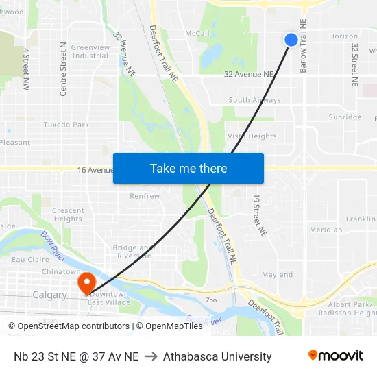 Nb 23 St NE @ 37 Av NE to Athabasca University map