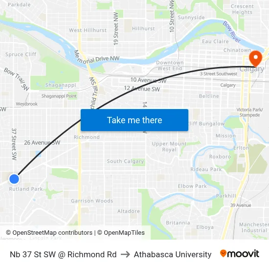 Nb 37 St SW @ Richmond Rd to Athabasca University map